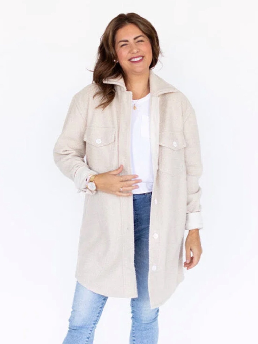 Jackson Rowe X Jillian Harris Cream Teddy Shacket with Button Front